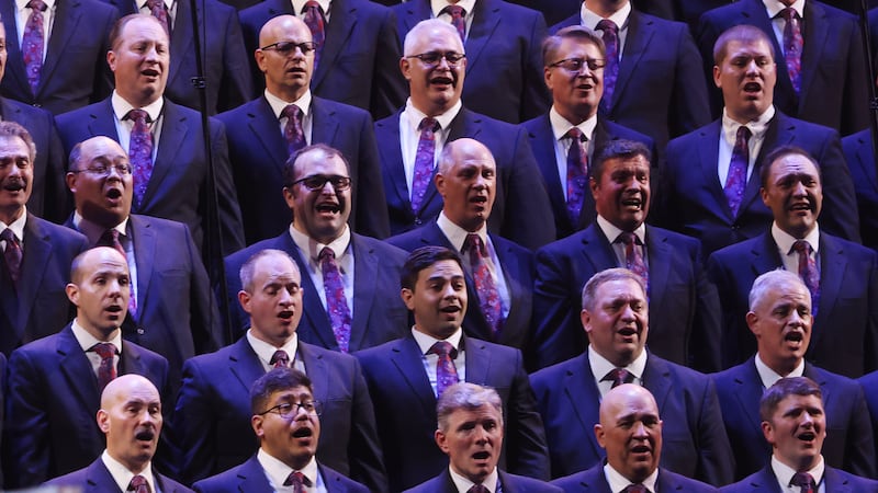 Rodrigo Domaredzky, second row from the bottom, center, one of the global members of the choir from Brazil, performs during the "Songs of Hope" tour concert by The Tabernacle Choir and Orchestra at Temple Square at Ginasio do Ibirapuera in São Paulo, Brazil, Friday, Feb. 27, 2026.