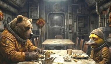 A bear and a duck, both dressed in worn clothing, sit across from each other at a table in a dim, industrial dining room, eating a meal with scraps of food on their plates.