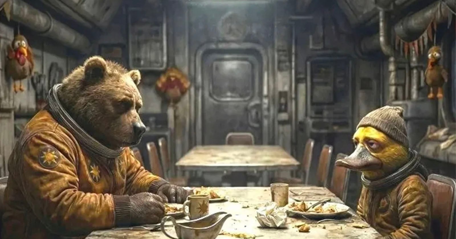A bear and a duck, both dressed in worn clothing, sit across from each other at a table in a dim, industrial dining room, eating a meal with scraps of food on their plates.