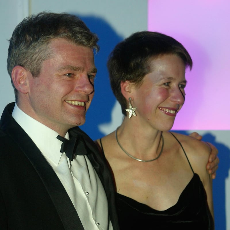 Mark Haddon and his wife, Sos Eltis, after receiving his award for The Curious Incident Of The Dog In The Night-time at the Whitbread Book Awards in 2004. Photograph: Bruno Vincent/Getty
