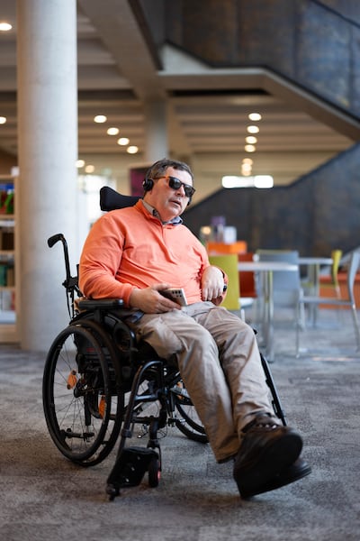 Brian Hogan at the De Valera Library. Having paid a subscription service for audio books, he was delighted to find out from the library that he could listen to them free through BorrowBox. Photograph: Eamon Ward