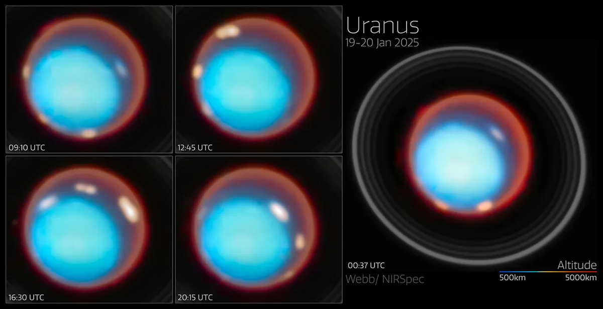 A series of images showing Uranus's rotation, as seen by the James Webb Space Telescope, 19–20 January 2025. Credit: ESA/Webb, NASA, CSA, STScI, P. Tiranti, H. Melin, M. Zamani (ESA/Webb)