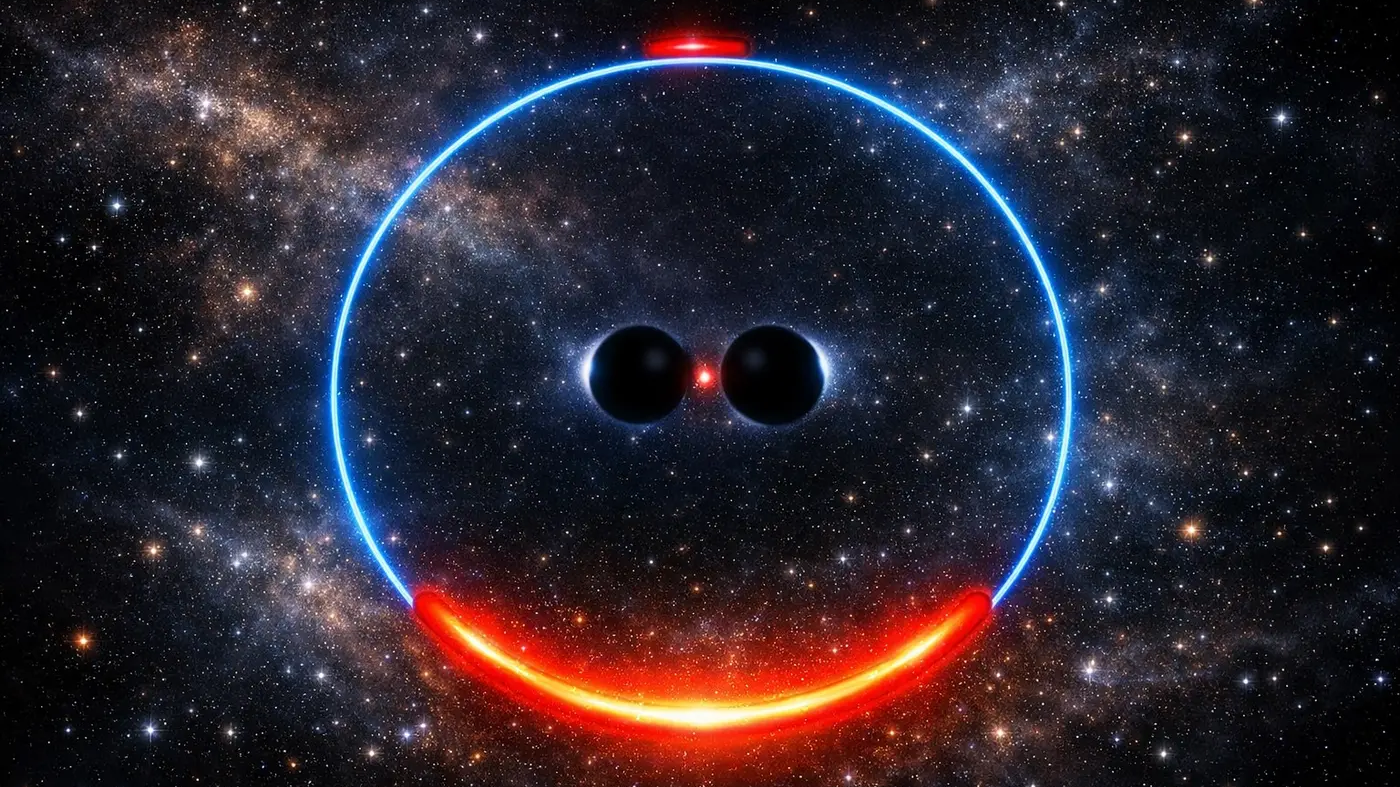 An illustration of two black circles in the center of the screen separated by a red dot. There's a glowing blue circle around both black circles and a red semi-circle at the bottom.