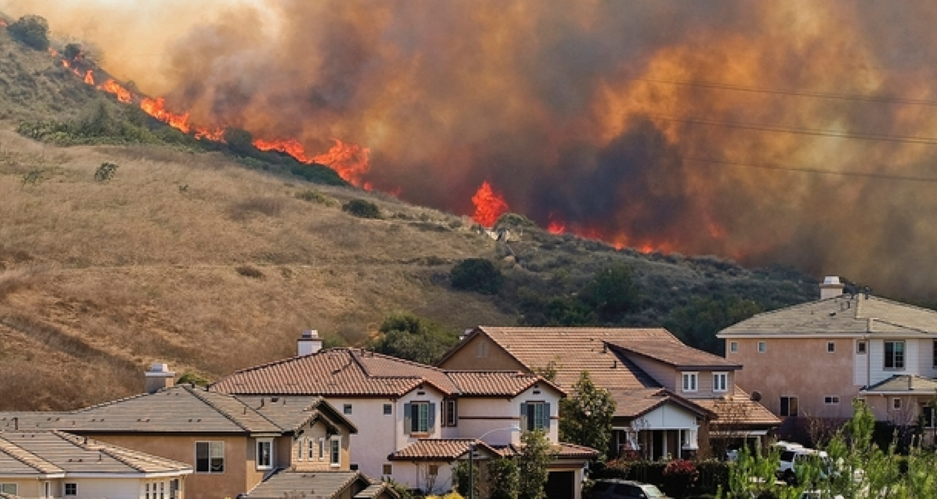 Wildfire burns on the ridge above a neighborhood.