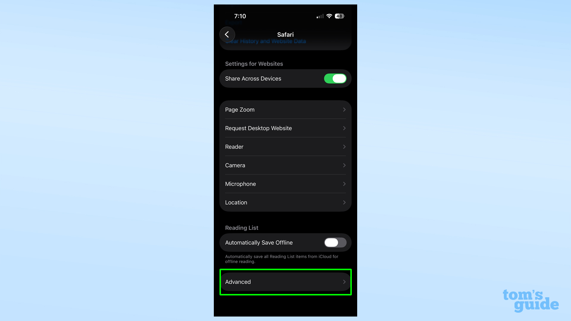 Advanced settings in Safari settings