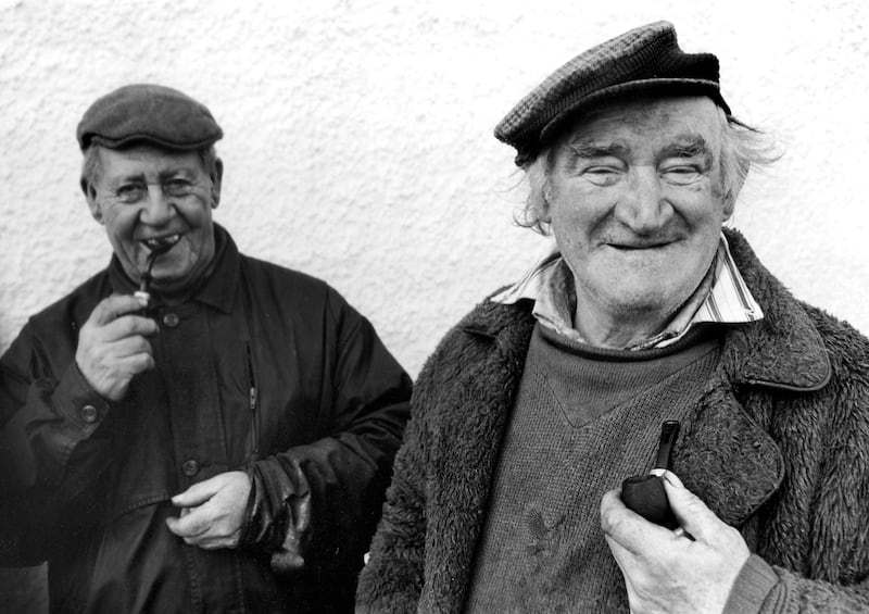 William Boomer, right, and Michael 'Rosie' Curran after voting in the general election of 1992 in Gortahork