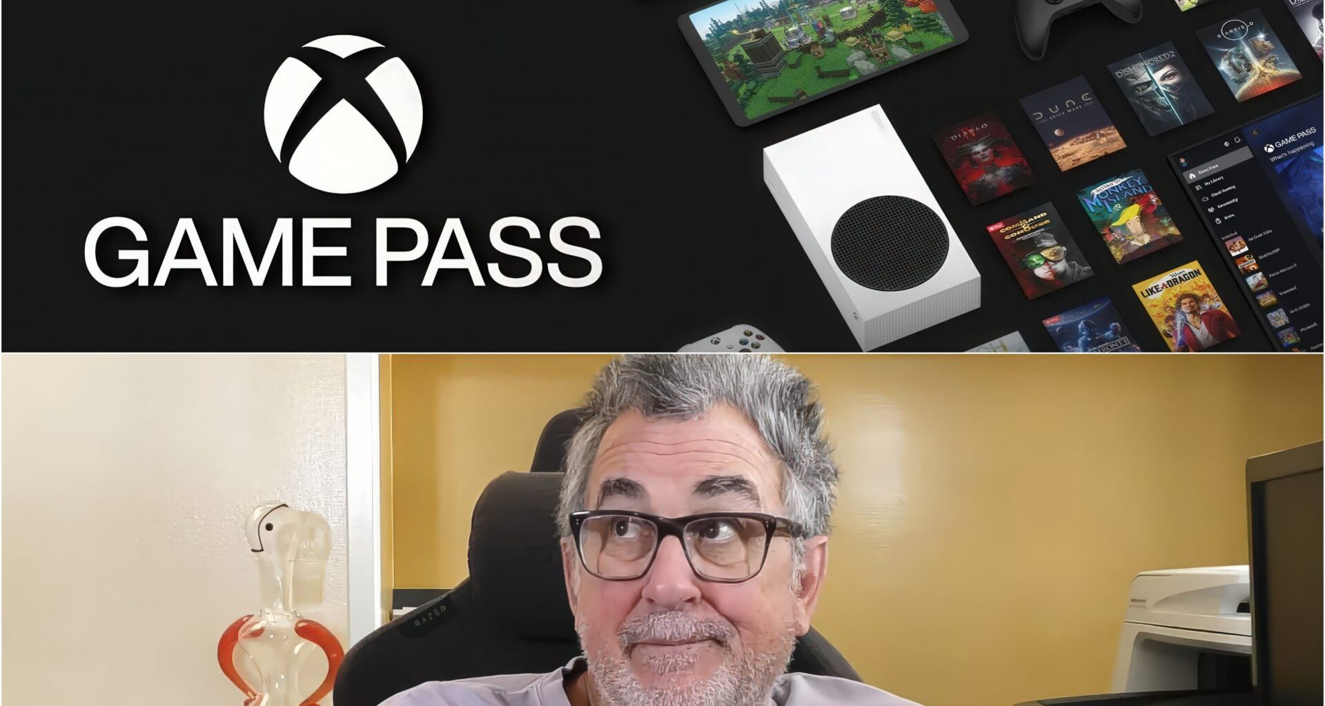 A Xbox Game Pass promotion displays multiple games and a console, paired with Michael Pachter scowling.