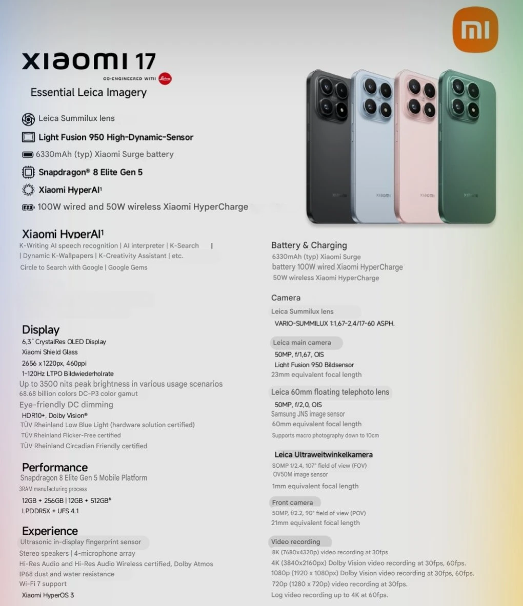 Xiaomi 17 global battery capacity specs leak