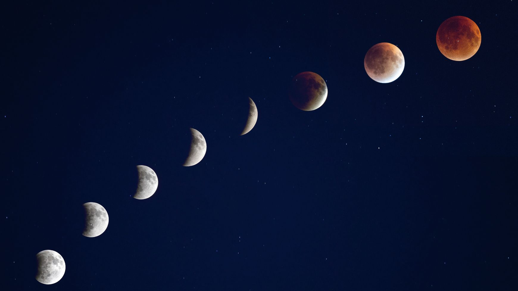 A composite image showing the different phases of a total lunar eclipse arrayed in an arc travelling from bottom left to top right.
