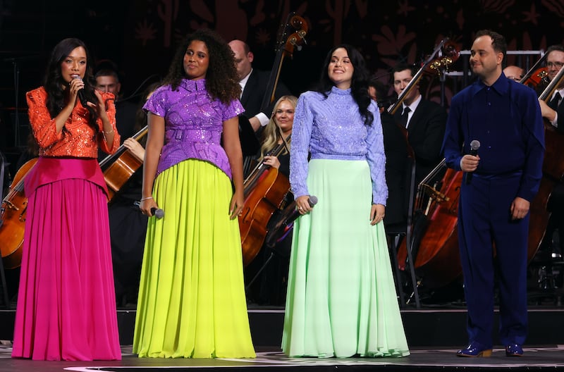 From left, Nicole Luz, Beatriz Marmelo, Gabrielly Lourenço and João Daniel perform during the "Songs of Hope" tour concert by The Tabernacle Choir and Orchestra at Temple Square at Ginasio do Ibirapuera in São Paulo, Brazil, Friday, Feb. 27, 2026.