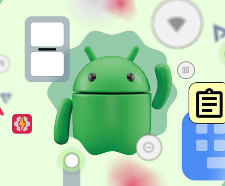 A 3D Android mascot surrounded by icons representing features such as split-screen, clipboard history, quick settings, automation, and gesture navigation.