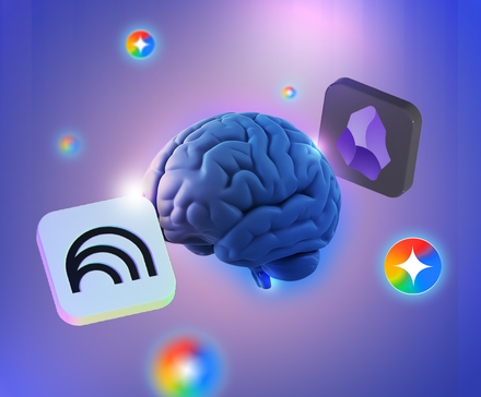 A 3D brain surrounded by floating icons representing NotebookLM, Gemini, and Obsidian, set against a glowing blue and purple background.