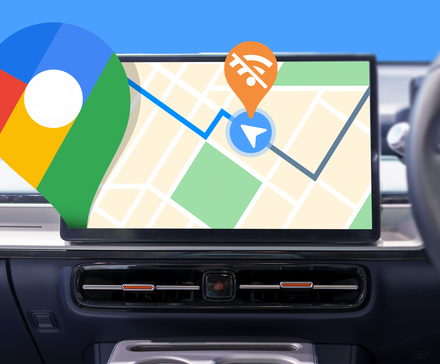A car dashboard screen displaying a Google Maps route, with the Google Maps logo and a Wi-Fi-off symbol.