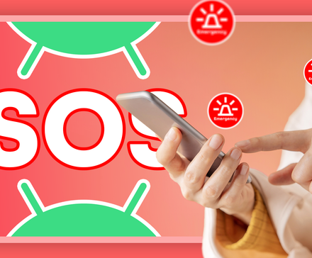 A person holding a smartphone, with a large red 'SOS' text prominently displayed in the background and multiple red emergency alert icons with sirens surrounding the scene.