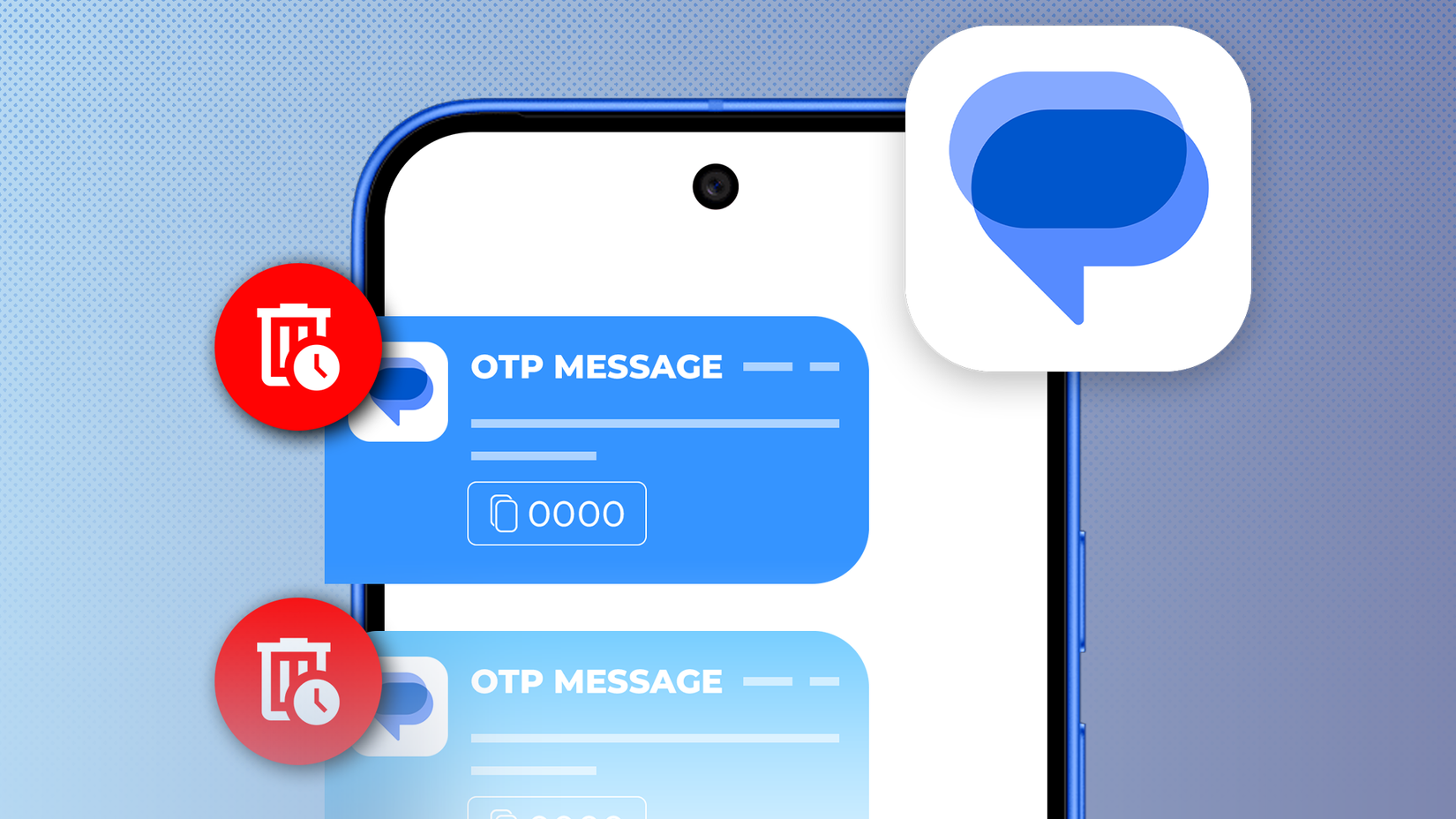 A smartphone displaying Google Messages bubbles labeled 'OTP MESSAGE' marked with red auto-delete icons, next to the Google Messages logo.