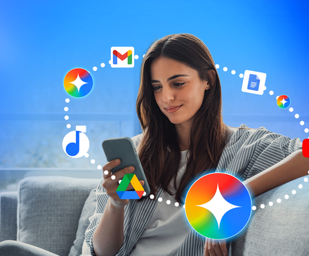 A woman sitting on a couch using her phone, surrounded by Gmail, Drive, Docs, YouTube, and Gemini logos.