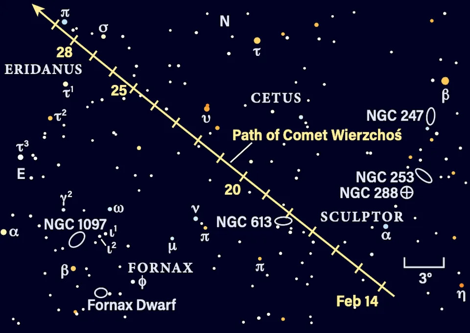 The path of Comet C/2024 E1 (Wierzchoś) in February 2026