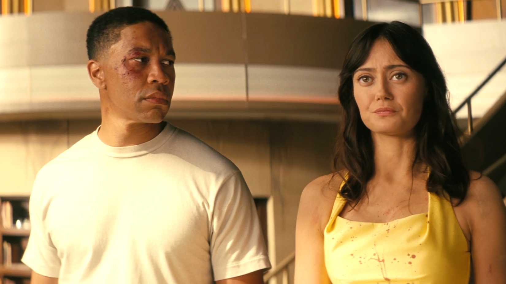 Aaron Moten's Maximus looking at Ella Purnell's worried Lucy in Fallout season 2