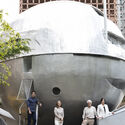 Casa Bola by Eduardo Longo. Curators from left to right: Filipe Assis, Claudia Moreira Salles, Eduardo Longo and Kiki Mazzucchelli. Image © Ruy Teixeira Eduardo Longo’s Futuristic Spherical House in São Paulo to Open for ABERTO5 Exhibition - Image 2 of 10