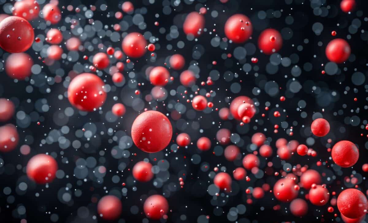 Abstract Background Of Red Spheres And Bokeh Lights Against A Dark Backdrop
