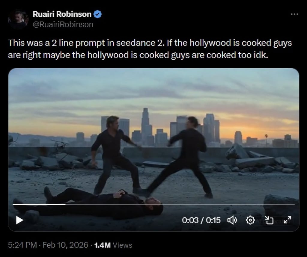 Irish filmmaker Ruairi Robinson posted an AI-generated video of Brad Pitt and Tom Cruise fighting on top of a building. Image: X/RuairiRobinson