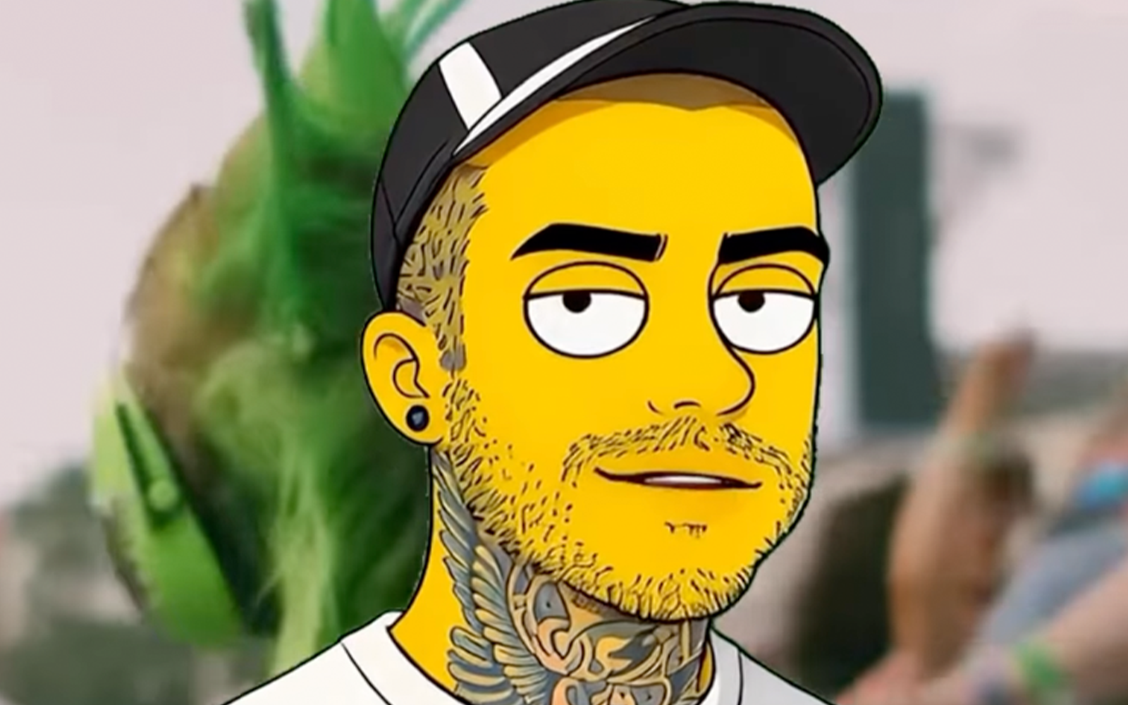 Screenshot from Emmure’s AI-animated announcement video for the Orlando, FL stop of Vans Warped Tour 2026, showing frontman Frankie Palmeri in ‘The Simpsons’ style animation