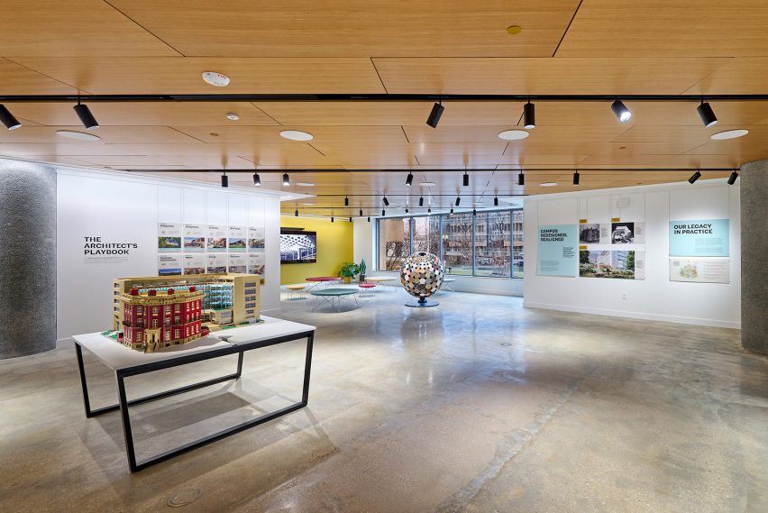 An exhibition including a Lego building model of the Octagon, the AIA's former home