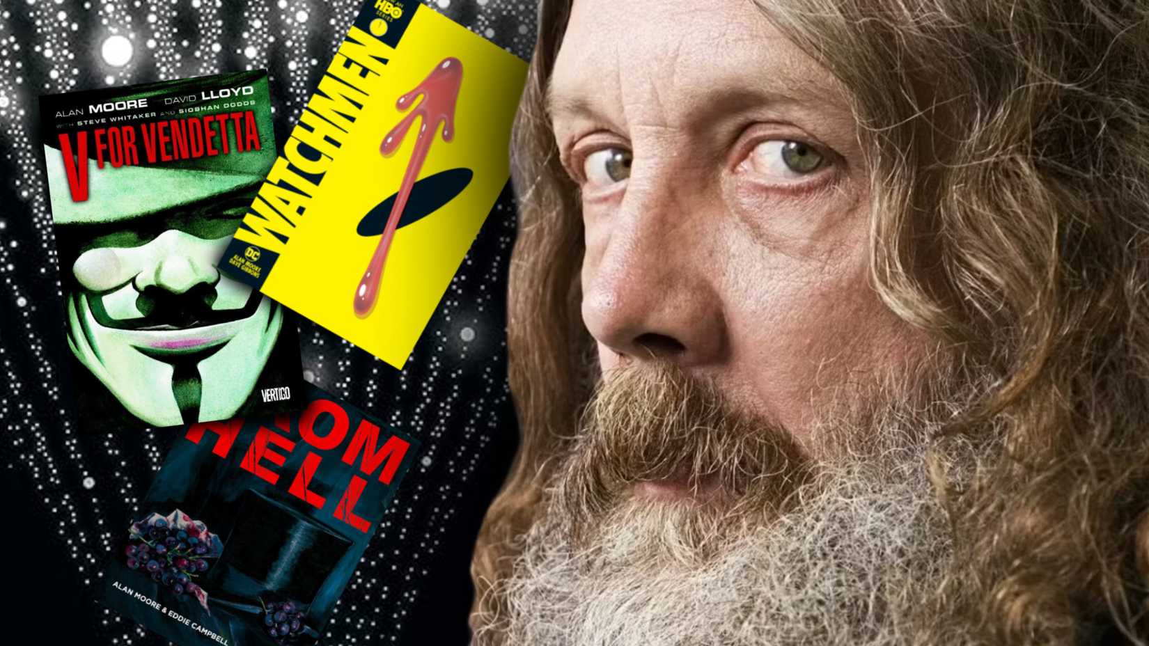 alan moore with several of his best loved comics, including watchmen and v for vendetta