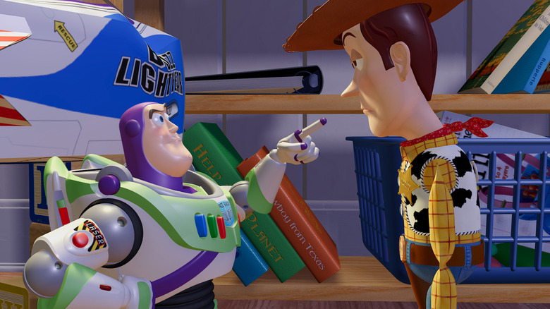 Buzz Lightyear pointing at Woody in Toy Story