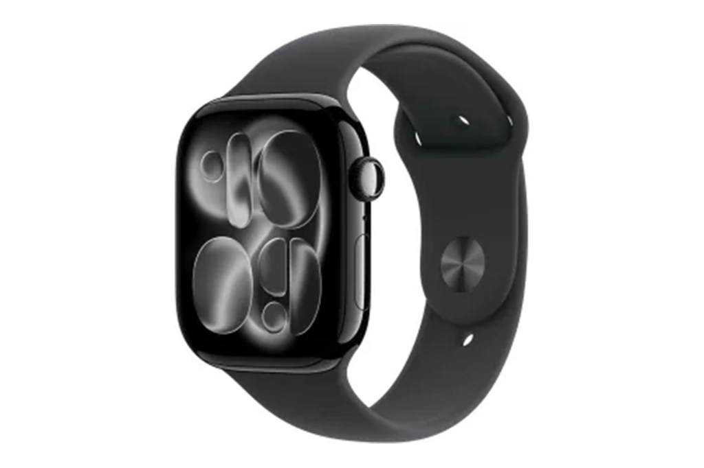 An Apple Watch with a black band and a black face.
