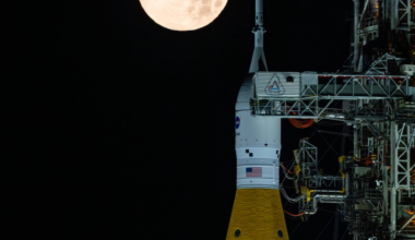 A full Moon is seen shining over NASA’s SLS (Space Launch System) and Orion spacecraft, atop the mobile launcher at the agency’s Kennedy Space Center in Florida on Feb. 1st, 2026. Credit: NASA/Sam Lott