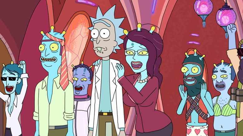 Rick Sanchez looking horrified amid the many bodies controlled by Unity on Rick and Morty.