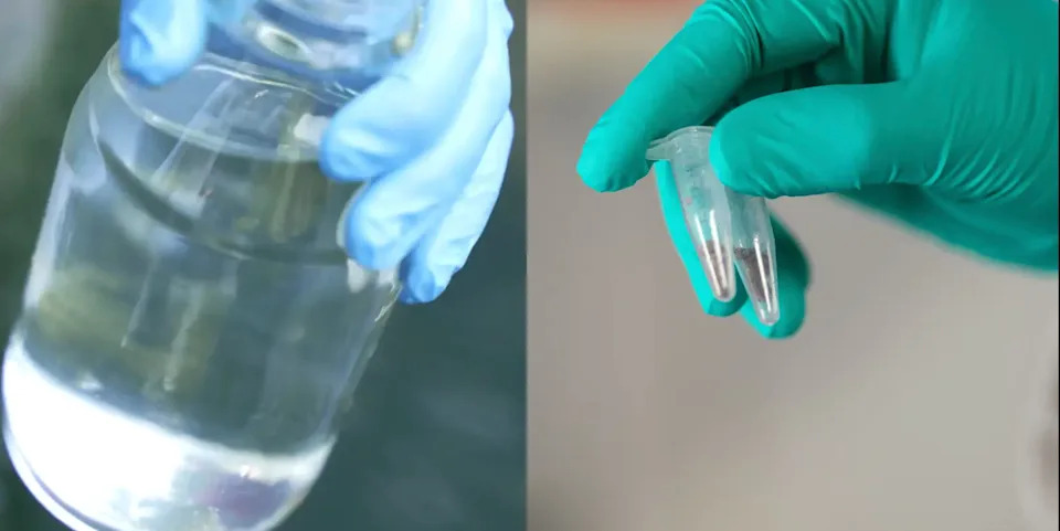 The left photos shows a gloved hand holding a jar full of water, the right shows a gloved hand holding a small tube of clear liquid.