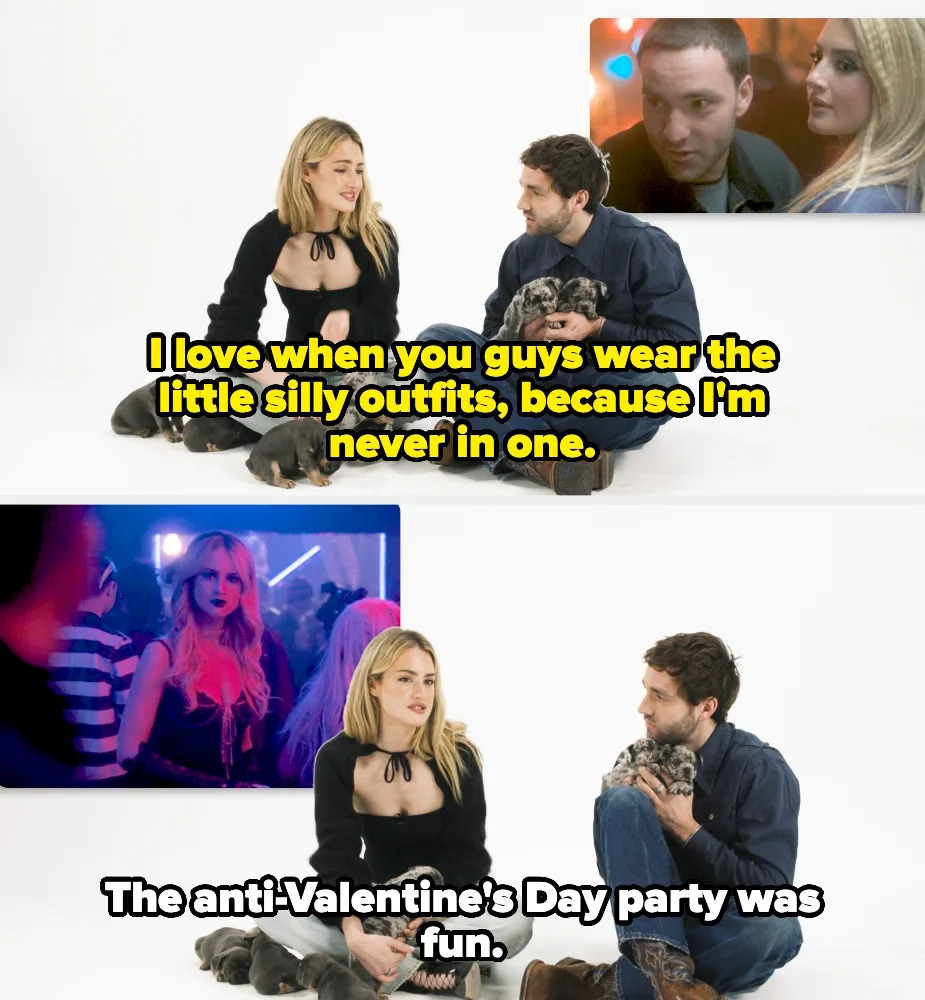Two people sit with a dog in their lap. Screens show party scenes. Text reads: "I love when you guys wear the little silly outfits," and "The anti-Valentine's Day party was fun."