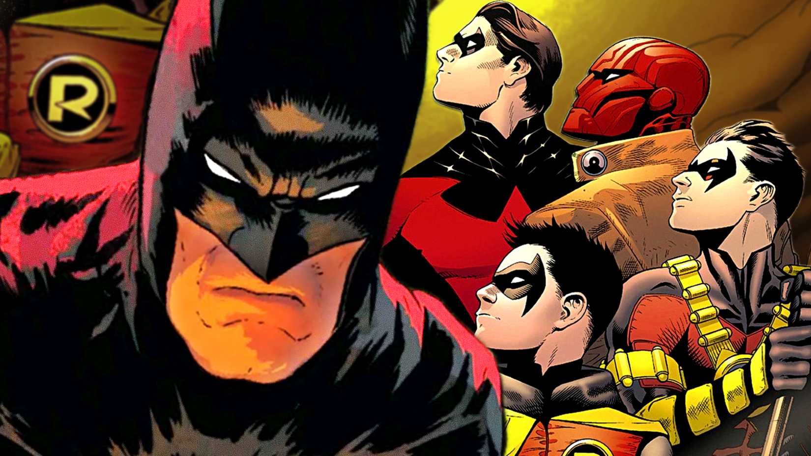 Batman scowls next to his Robins Dick Grayson, Jason Todd, Tim Drake, and Damian Wayne in DC Comics
