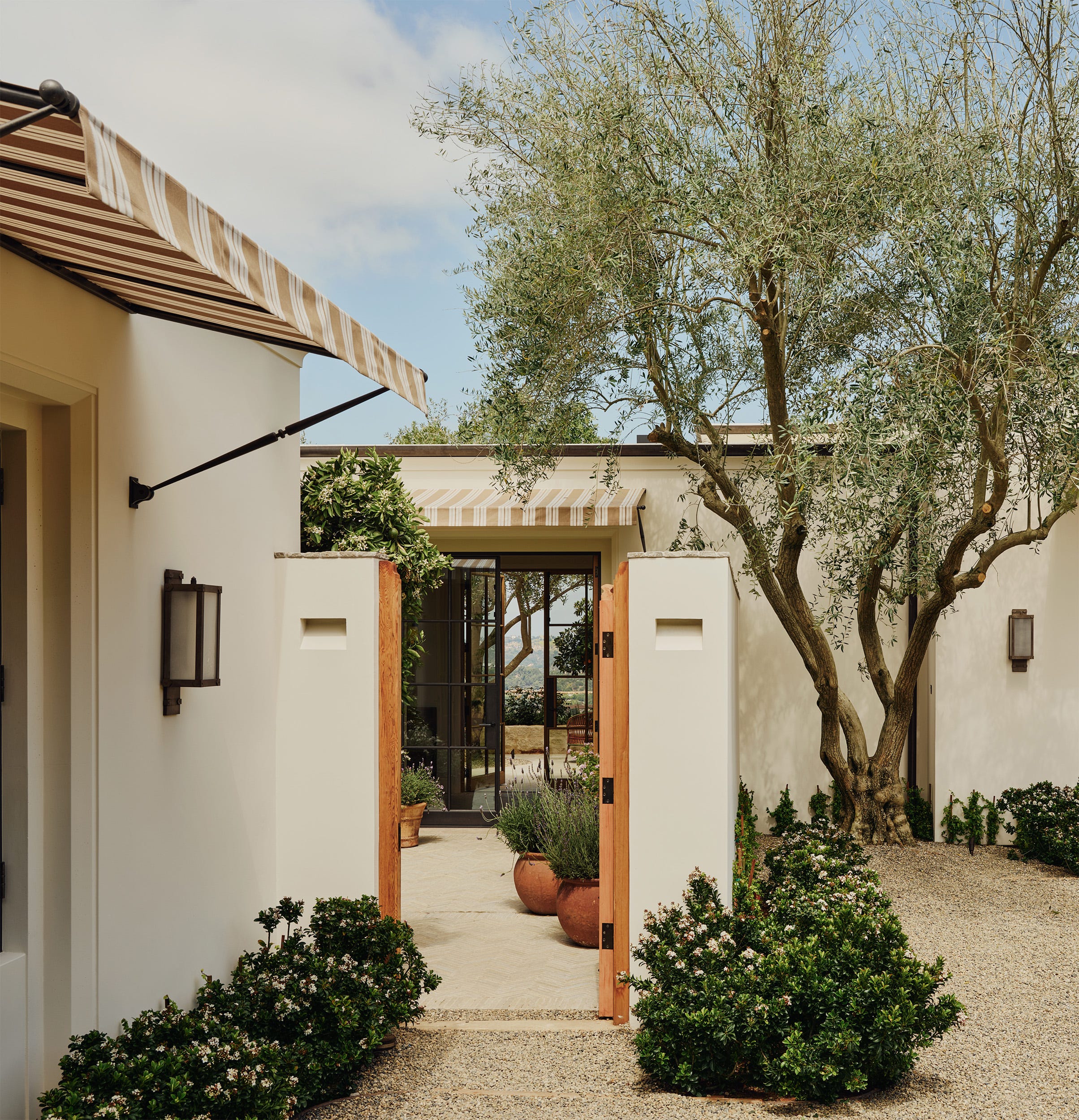 Entrance to a garden with a pathway and greenery.