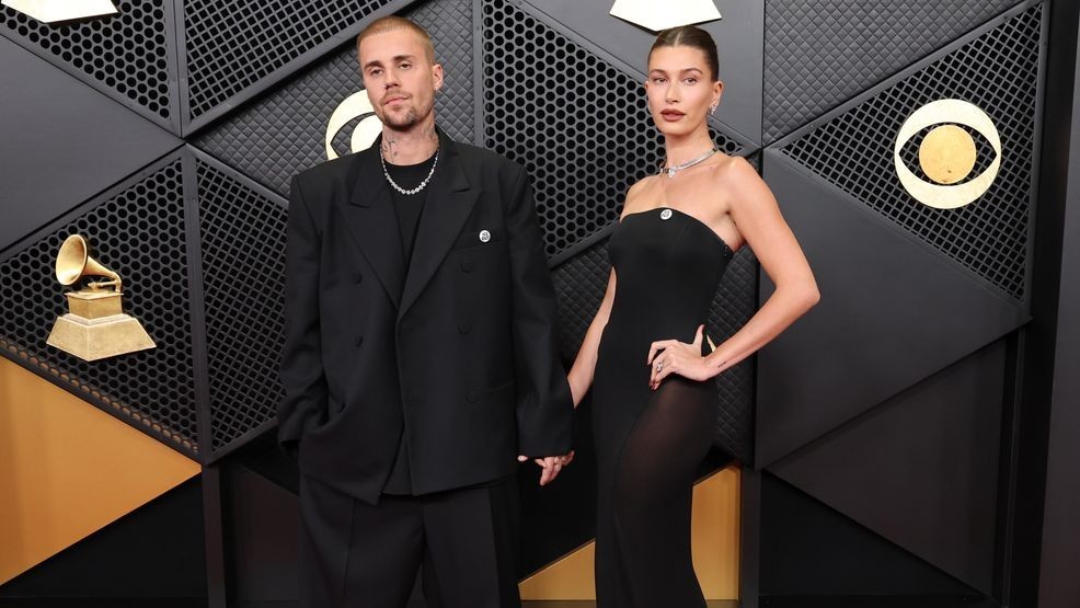 LOS ANGELES, CALIFORNIA - FEBRUARY 01: (FOR EDITORIAL USE ONLY) (L-R) Justin Bieber and Hailey Bieber attend the 68th GRAMMY Awards at Crypto.com Arena on February 01, 2026 in Los Angeles, California. (Photo by Amy Sussman/Getty Images)