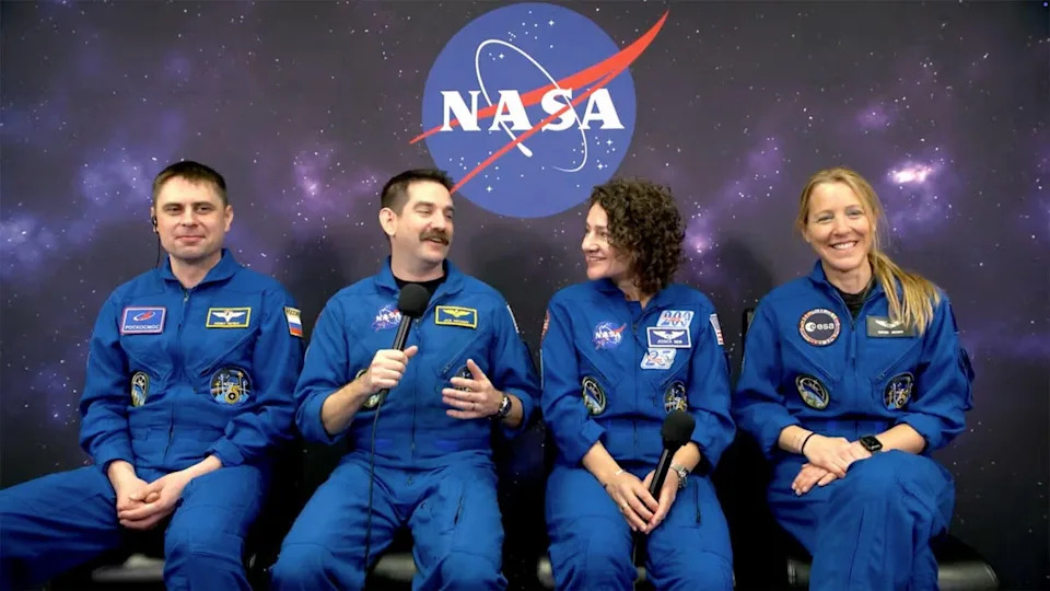 Appearing at a virtual news conference, Crew 12 answers questions from reporters while in pre-flight quarantine at the Kennedy Space Center. Left to right: Cosmonaut Andrey Fedyaev, NASA astronaut Jack Hathaway, commander Jessica Meir and French astronaut Sophie Adenot. / Credit: NASA
