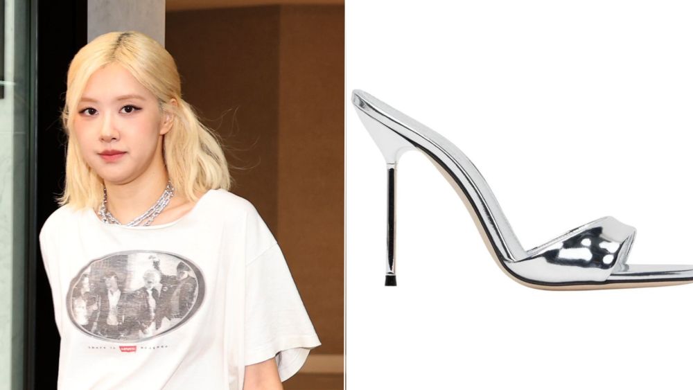 Blackpink's Rosé wore Paris Texas' Lidia Mules in a metallic silver finish with a denim look on her way to the Super Bowl on Sunday.