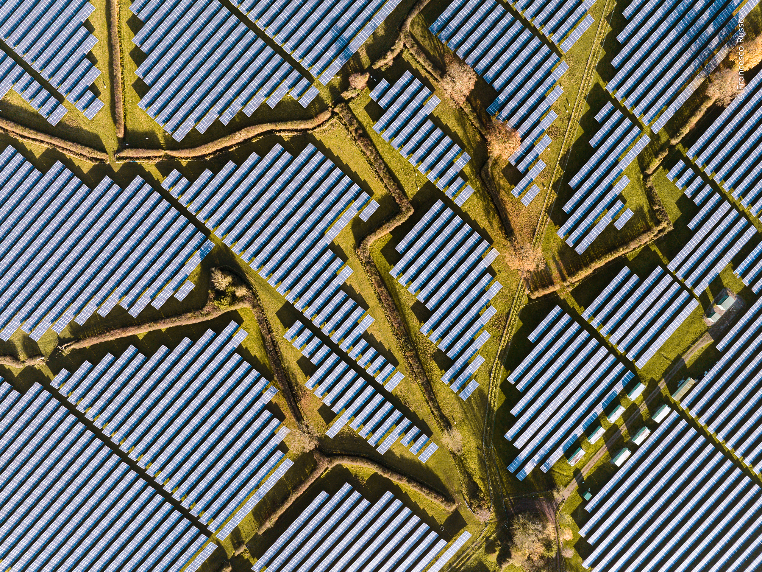 Aerial view of solar panels.