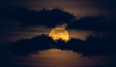 A yellow full moon is pictured glowing in a dark night sky between two worm-like bands of dark clouds.