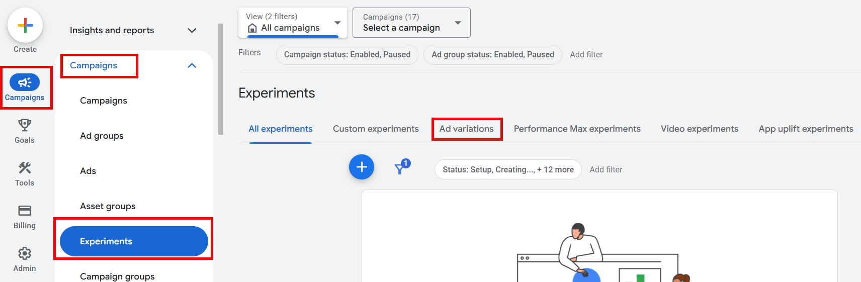 A screenshot of where to find Google Ads Experiments in the online interface.