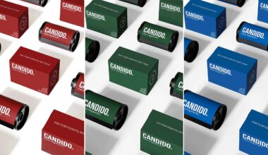 Three panels show film canisters and boxes labeled "CANDIDO." The left panel is red, the middle is green, and the right is blue. All items are arranged diagonally on a white background.