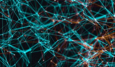 Abstract network of glowing blue and orange lines and nodes on a dark background.