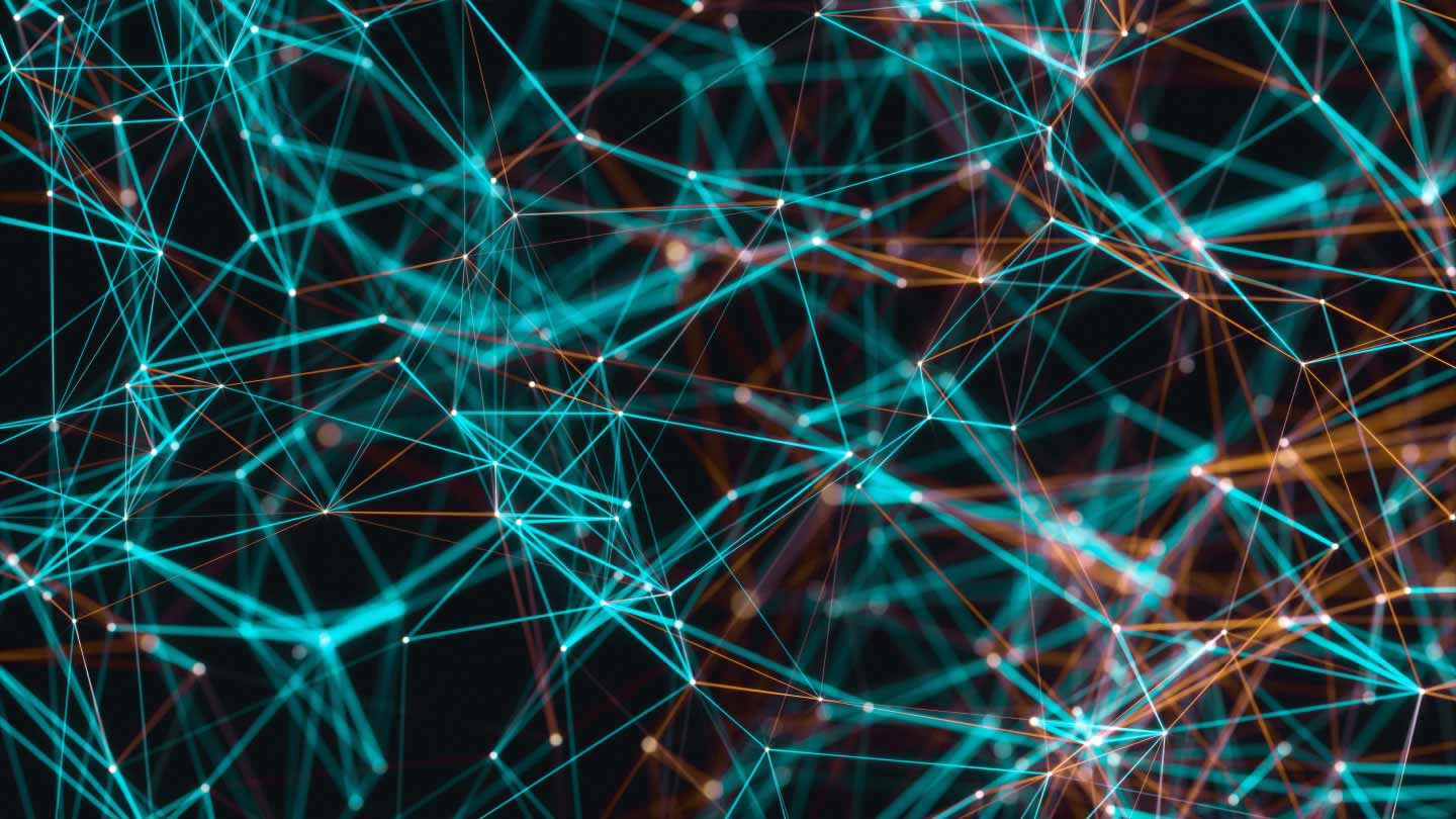 Abstract network of glowing blue and orange lines and nodes on a dark background.