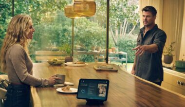 Chris Hemsworth points at Alexa speaker in Super Bowl ad.