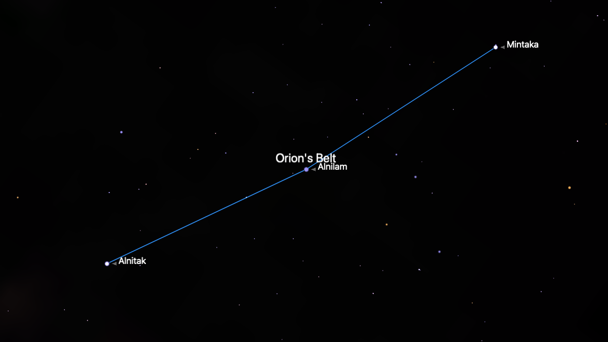 A simulation of the night sky for Feb. 16 showing the three stars of the Orion's Belt asterism, Alnitak (left), Alnilam (middle) and Mintaka (upper right), connected by a teal line in a black sky dotted with fainter stars.