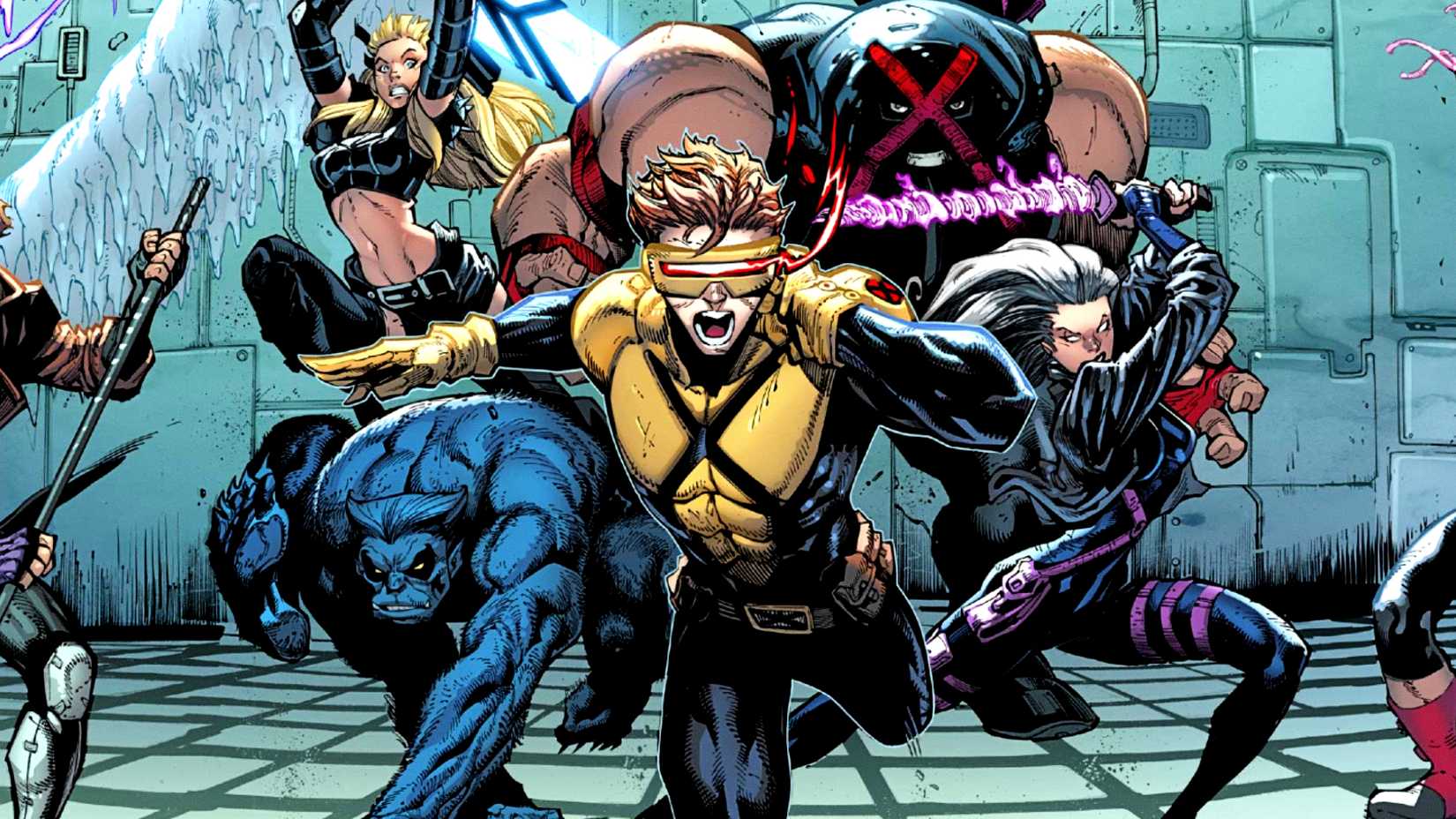 Cyclops runs in front of his X-Men team in From the Ashes comic cover