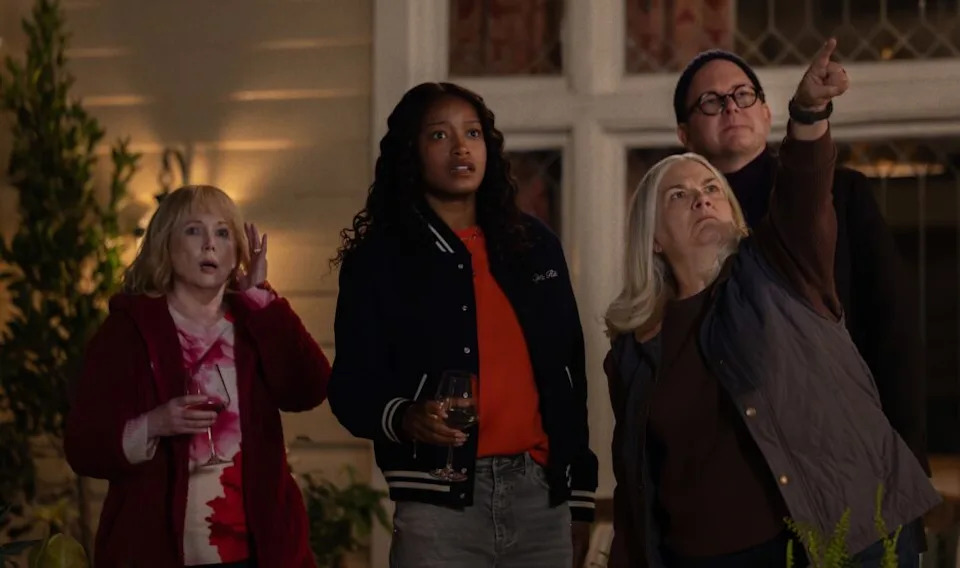 THE 'BURBS -- Pictured: (l-r) Julia Duffy as Lynn, Keke Palmer as Samira, Paula Pell as Dana, Mark Proksch as Tod -- (Photo by: Elizabeth Morris/PEACOCK)