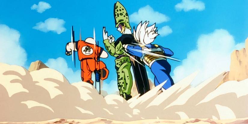 Super Saiyan Gohan and Krillin try to face Cell in Dragon Ball Z.